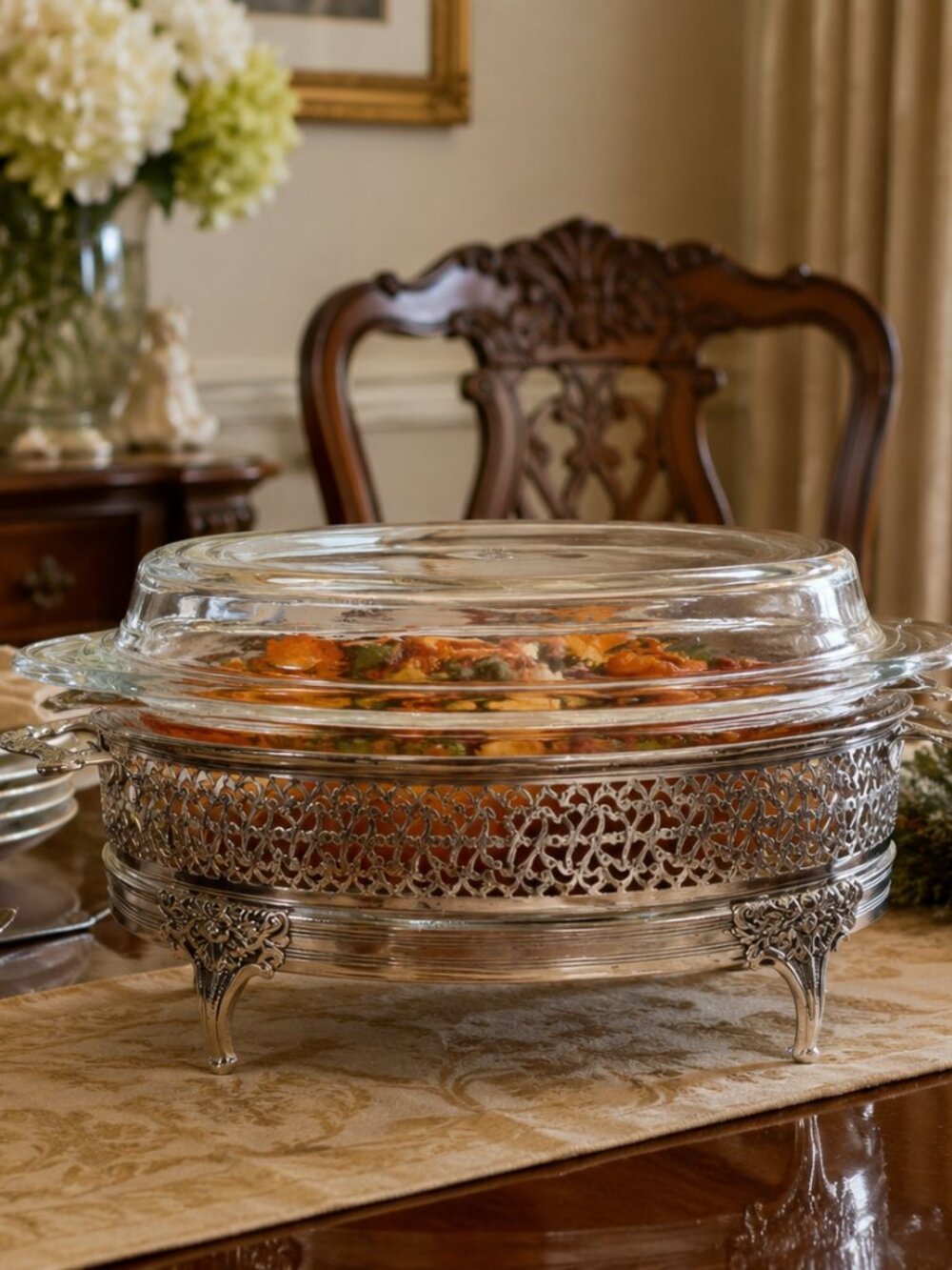 Vintage Anchor Hocking 1.5 Qt Glass Casserole Dish w Silver Tone Buffet Stand
